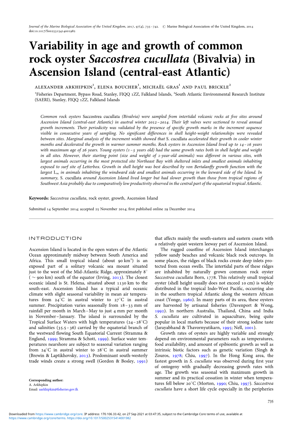 Variability in Age and Growth of Common Rock Oyster Saccostrea