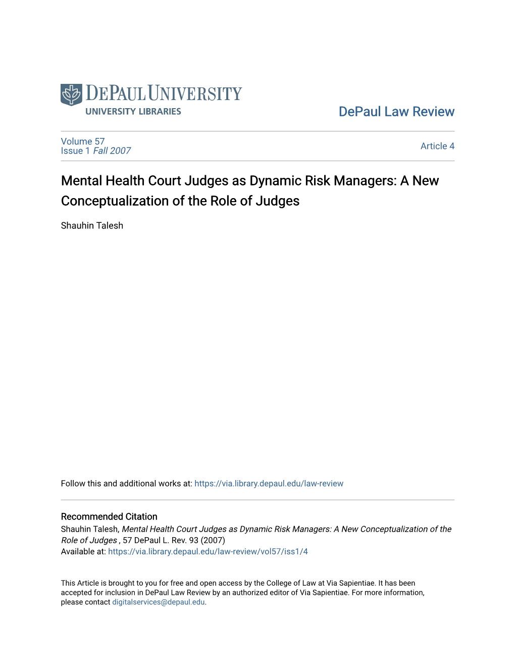 Mental Health Court Judges As Dynamic Risk Managers: a New Conceptualization of the Role of Judges