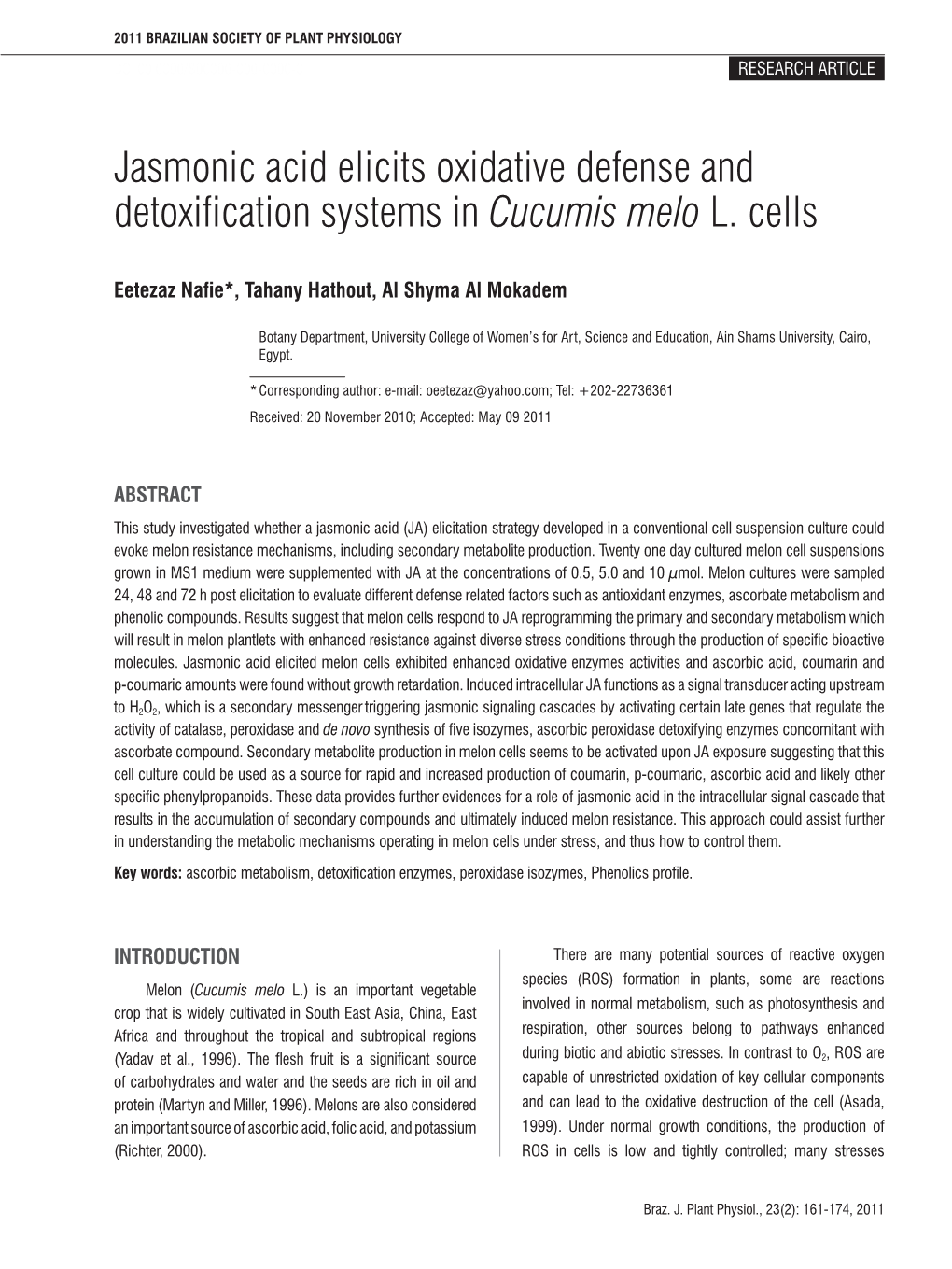 Jasmonic Acid Elicits Oxidative Defense and Detoxification Systems in Cucumis Melo L