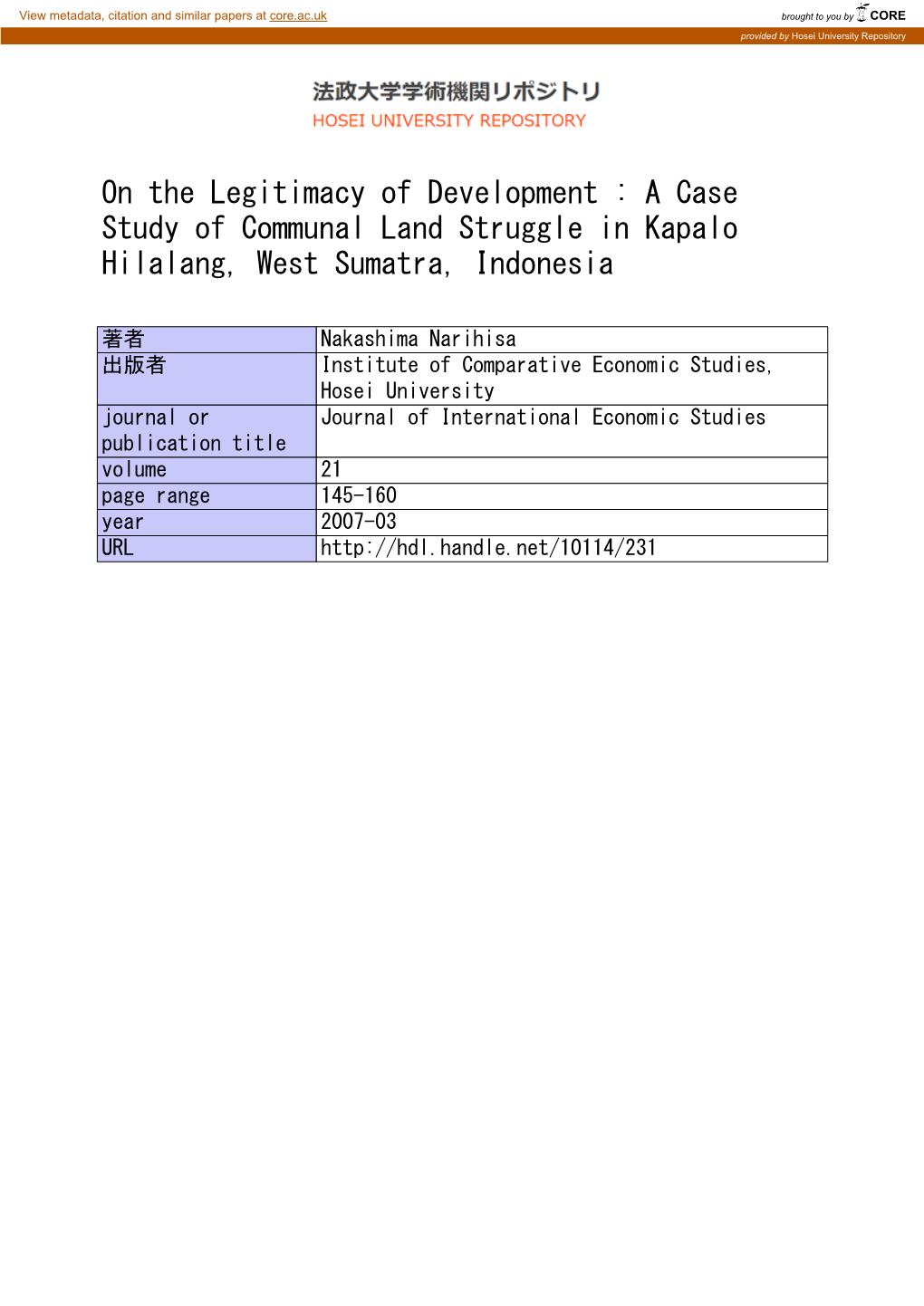 A Case Study of Communal Land Struggle in Kapalo Hilalang, West Sumatra, Indonesia
