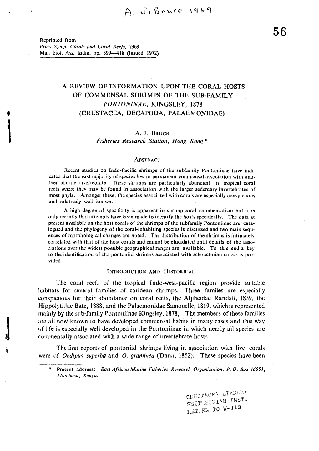 A Review of Information Upon the Coral Hosts of Commensal Shrimps of the Sub-Family Pontoninae, Kingsley, 1878 (Crustacea, Decapoda, Palae Monidae)