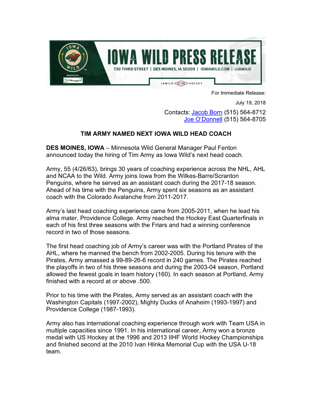 564-8705 Tim Army Named Next Iowa Wild Head Coach Des