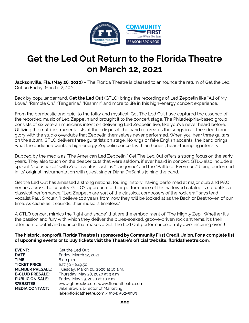 Get the Led out Return to the Florida Theatre on March 12, 2021
