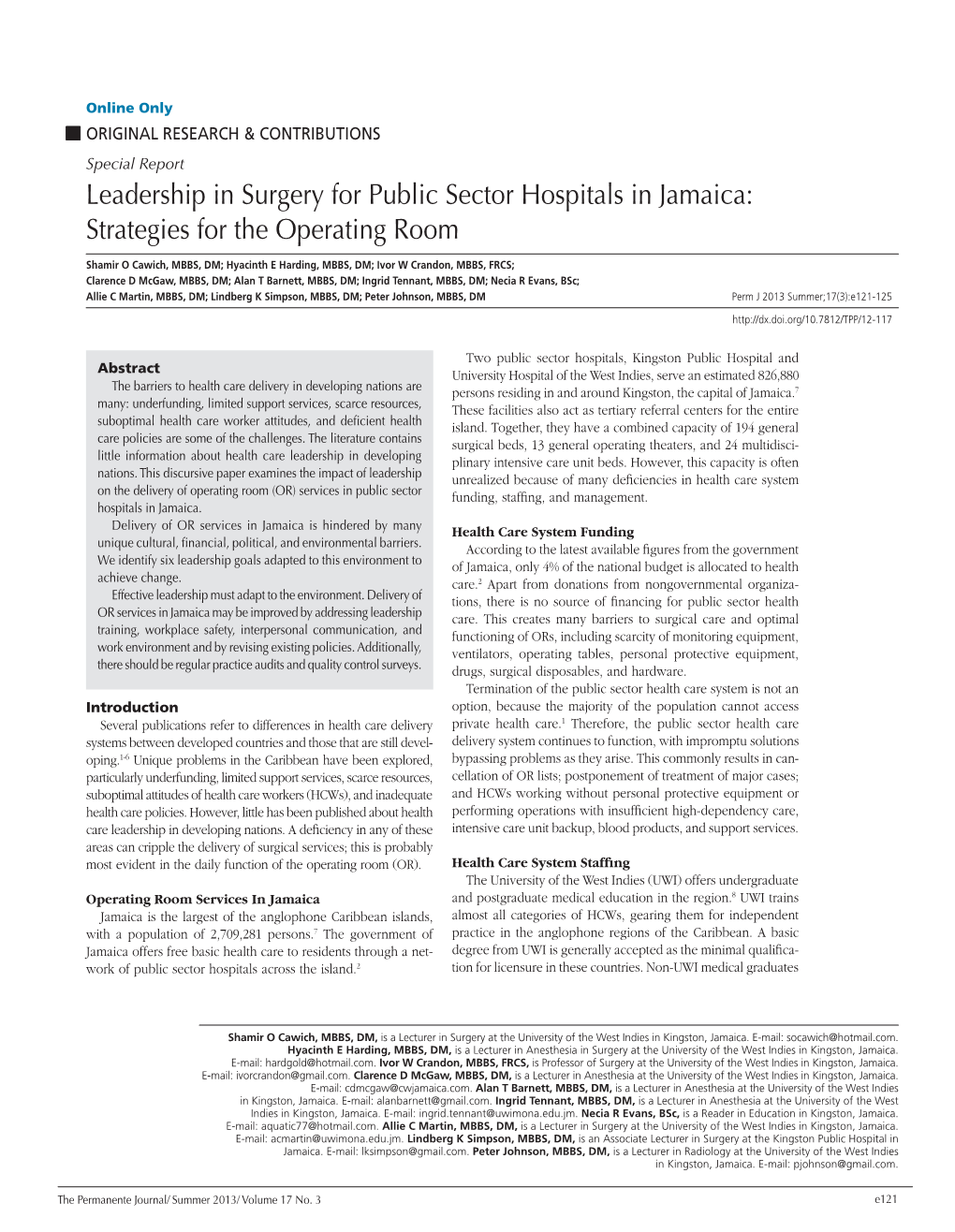 Leadership in Surgery for Public Sector Hospitals in Jamaica: Strategies for the Operating Room
