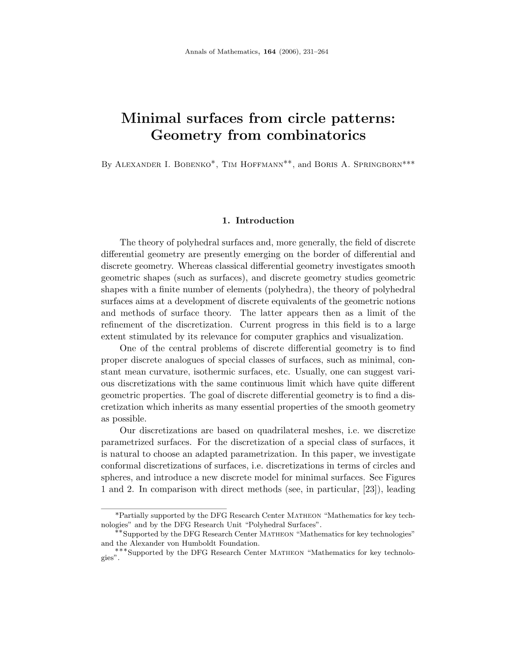 Minimal Surfaces from Circle Patterns: Geometry from Combinatorics