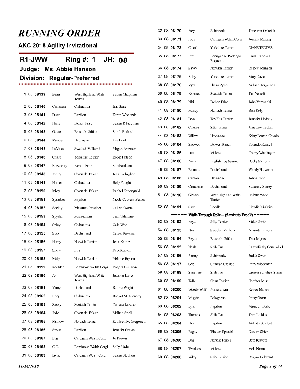 Running Order Report