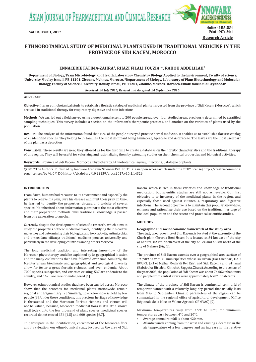 Ethnobotanical Study of Medicinal Plants Used in Traditional Medicine in the Province of Sidi Kacem, Morocco