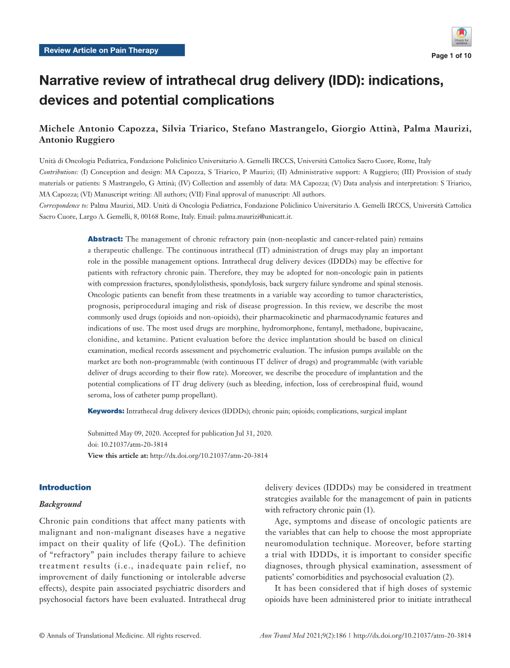 Narrative Review of Intrathecal Drug Delivery (IDD): Indications, Devices and Potential Complications