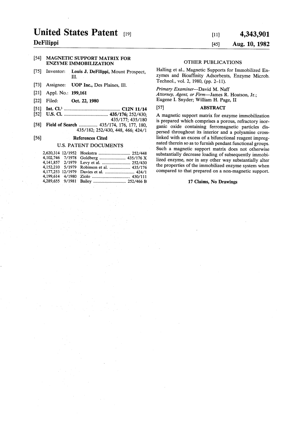 United States Patent (19) (11) 4,343,901 Defilippi 45) Aug