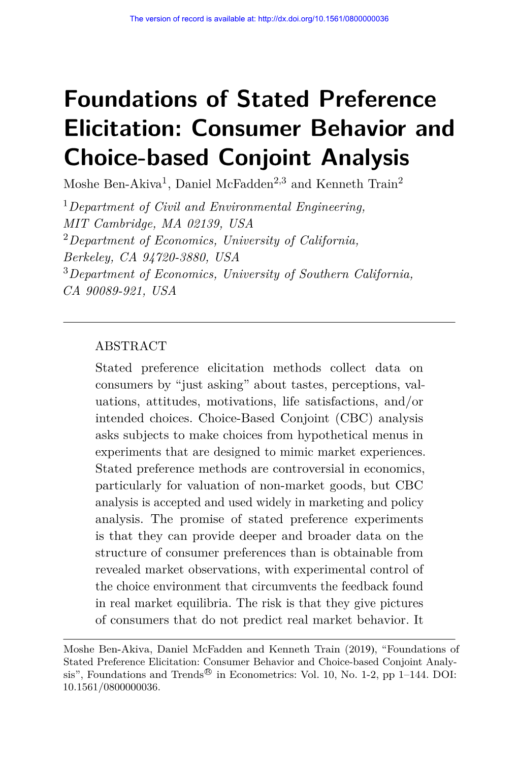 Foundations of Stated Preference Elicitation: Consumer Behavior And