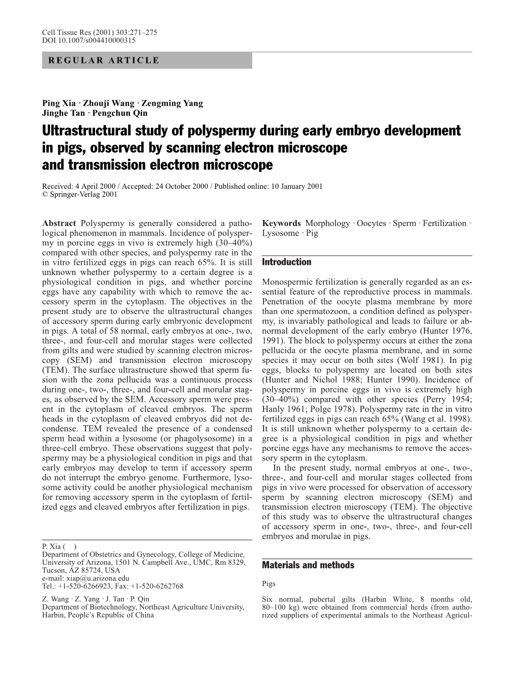 Ultrastructural Study of Polyspermy During Early Embryo Development in Pigs, Observed by Scanning Electron Microscope and Transmission Electron Microscope