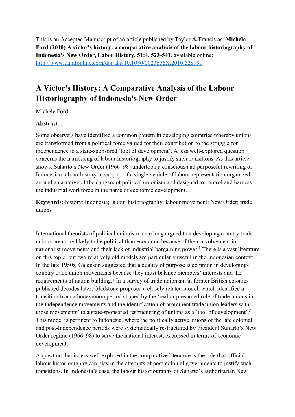 A Victor's History: a Comparative Analysis of the Labour Historiography of Indonesia's New Order