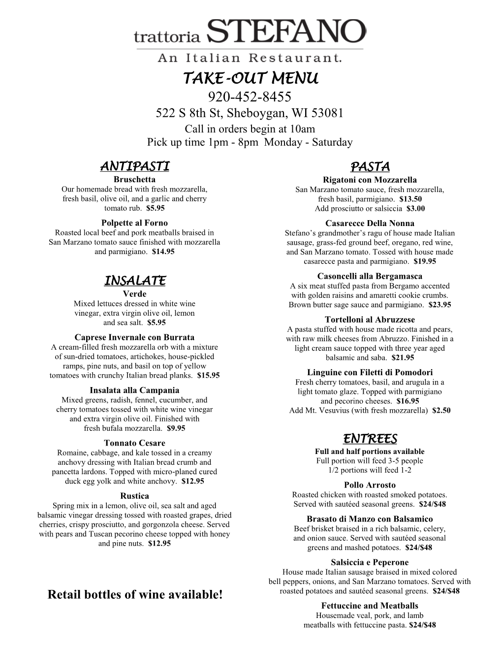 TAKE-OUT MENU 920-452-8455 522 S 8Th St, Sheboygan, WI 53081