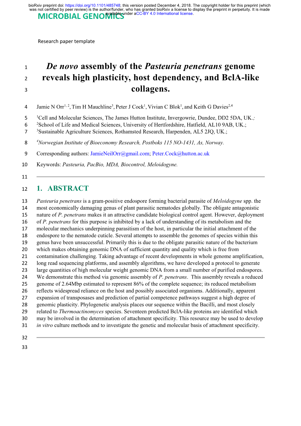 De Novo Assembly of the Pasteuria Penetrans Genome Reveals High