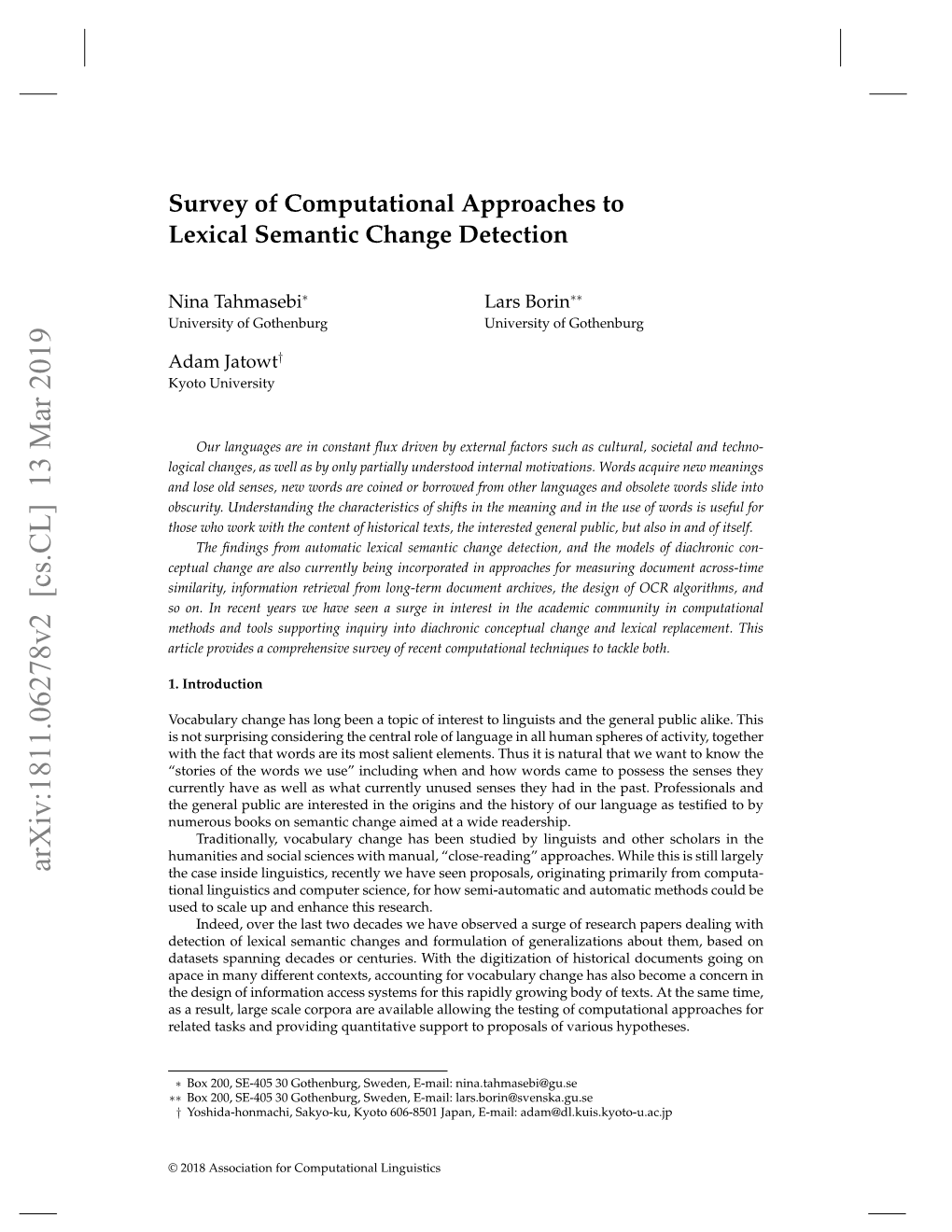 Survey of Computational Approaches to Lexical Semantic Change Detection