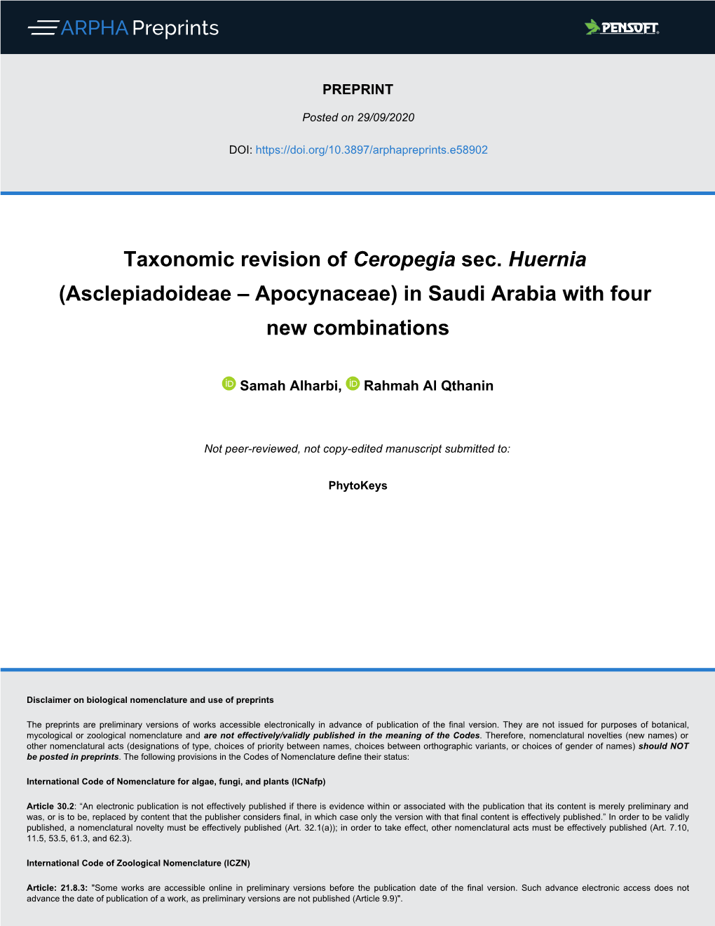 Taxonomic Revision of Ceropegia Sec. Huernia (Asclepiadoideae – Apocynaceae) in Saudi Arabia with Four New Combinations