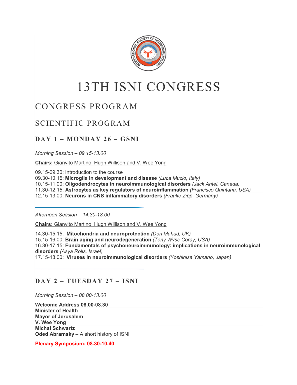 13Th Isni Congress Congress Program