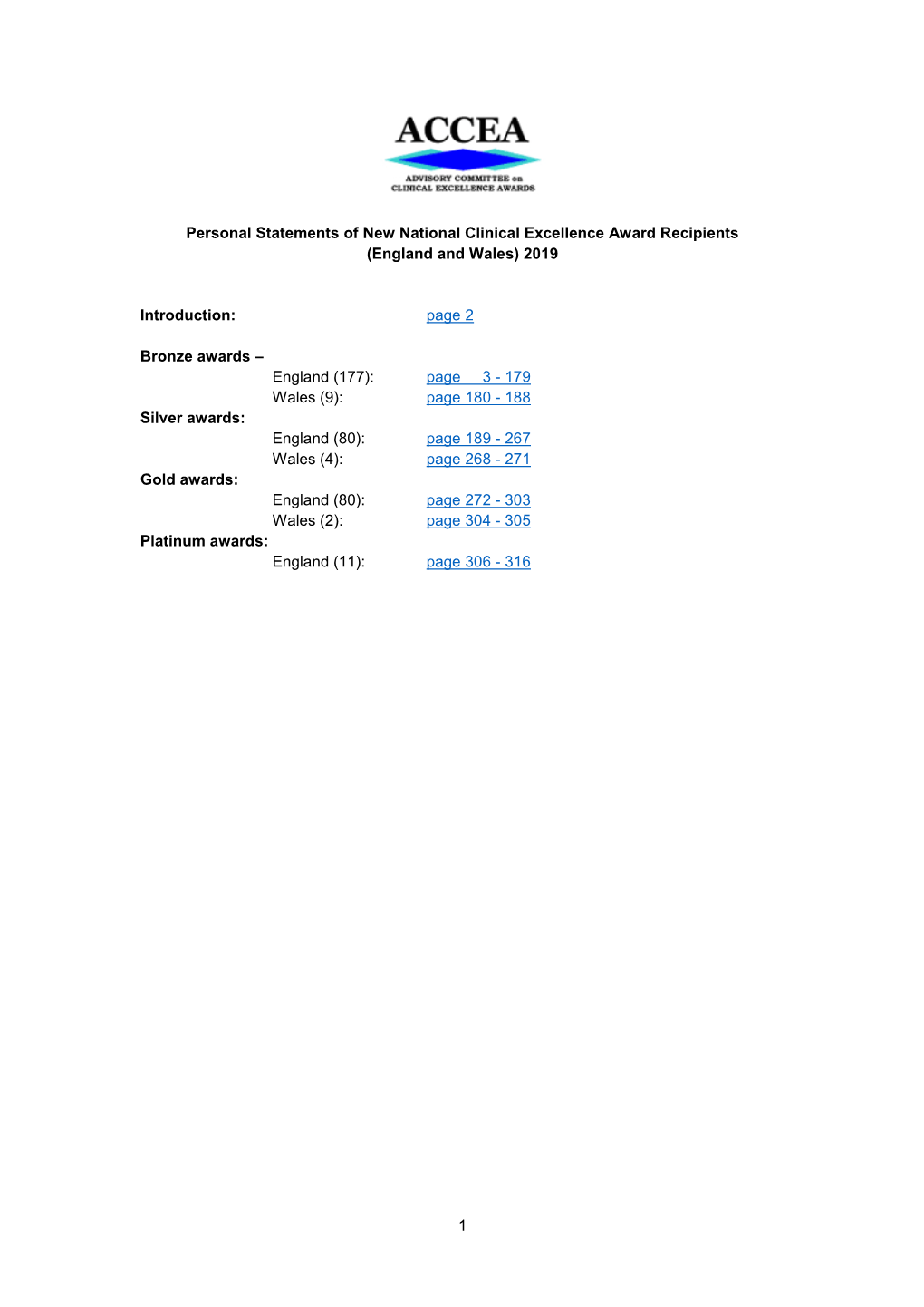 Personal Statements of New National Clinical Excellence Award Recipients (England and Wales) 2019