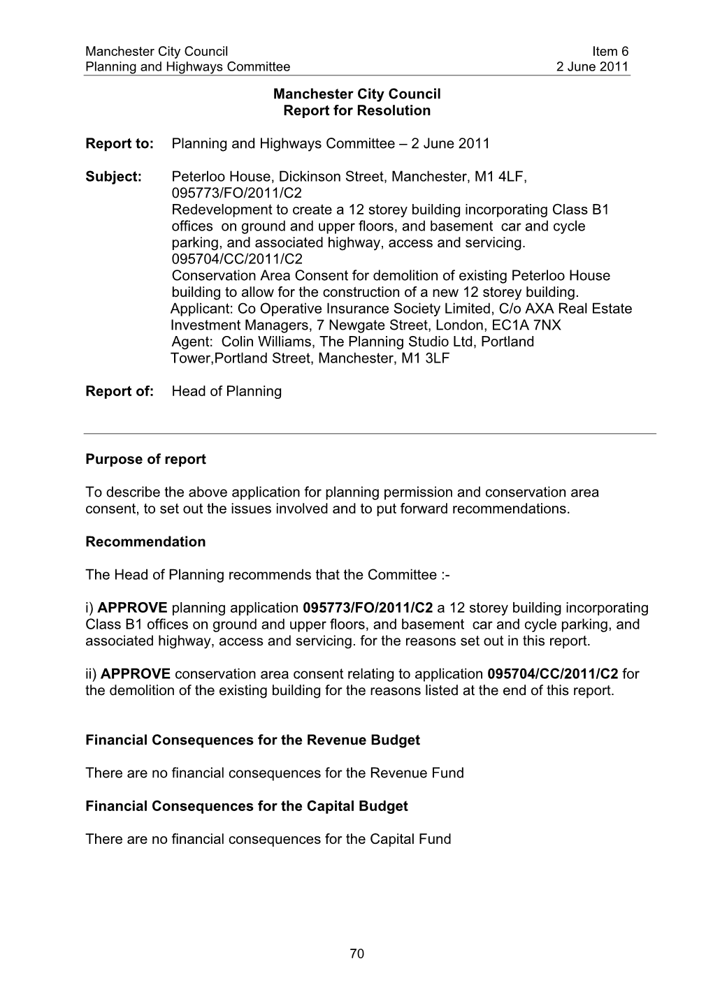 Report on Peterloo House to Planning and Highways Committee on 2