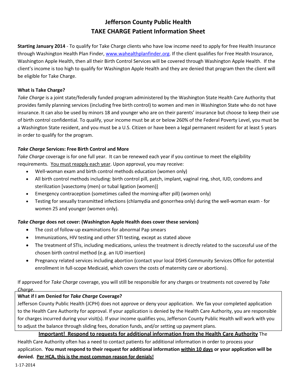 TAKE CHARGE Patient Information Sheet