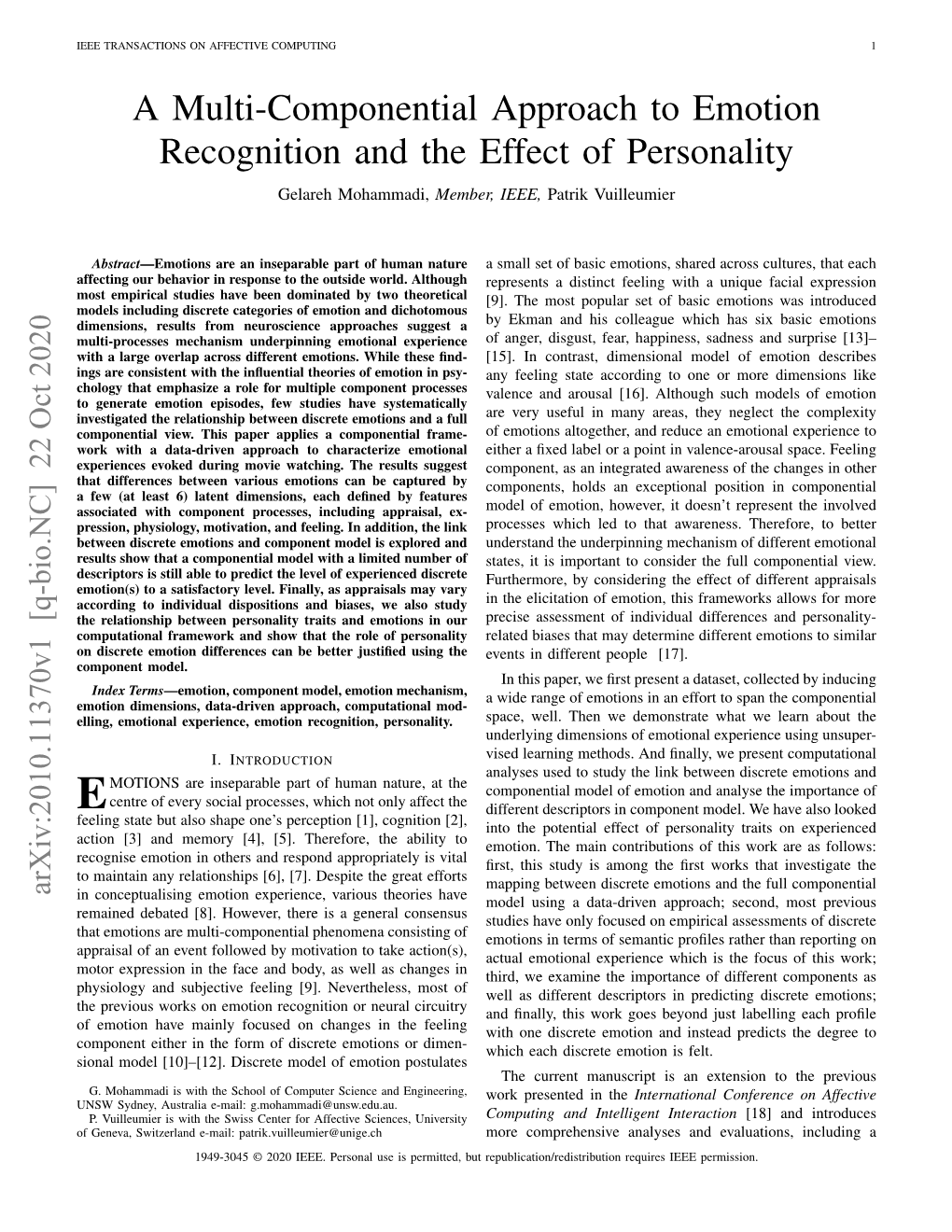 A Multi-Componential Approach to Emotion Recognition and the Effect of Personality Gelareh Mohammadi, Member, IEEE, Patrik Vuilleumier