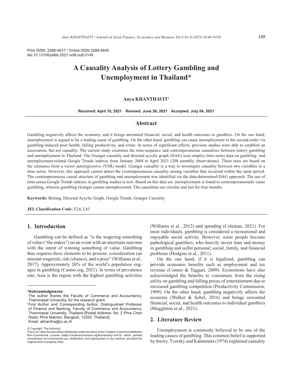 A Causality Analysis of Lottery Gambling and Unemployment in Thailand*