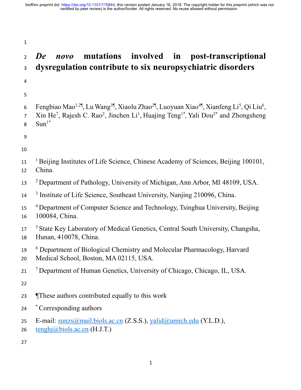 De Novo Mutations Involved in Post-Transcriptional Dysregulation