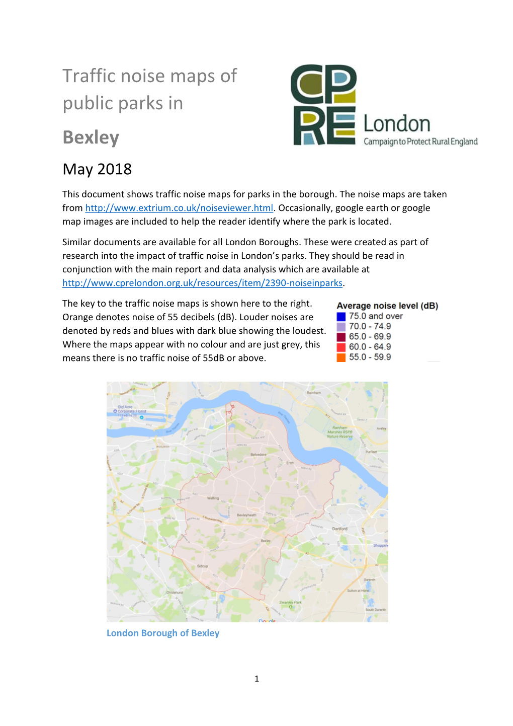 Traffic Noise Maps of Public Parks in Bexley May 2018