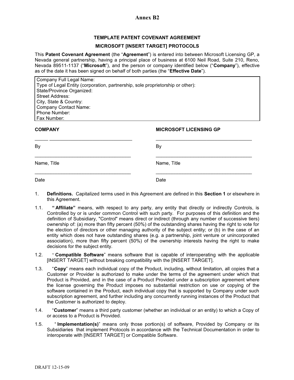 Template Patent Covenant Agreement