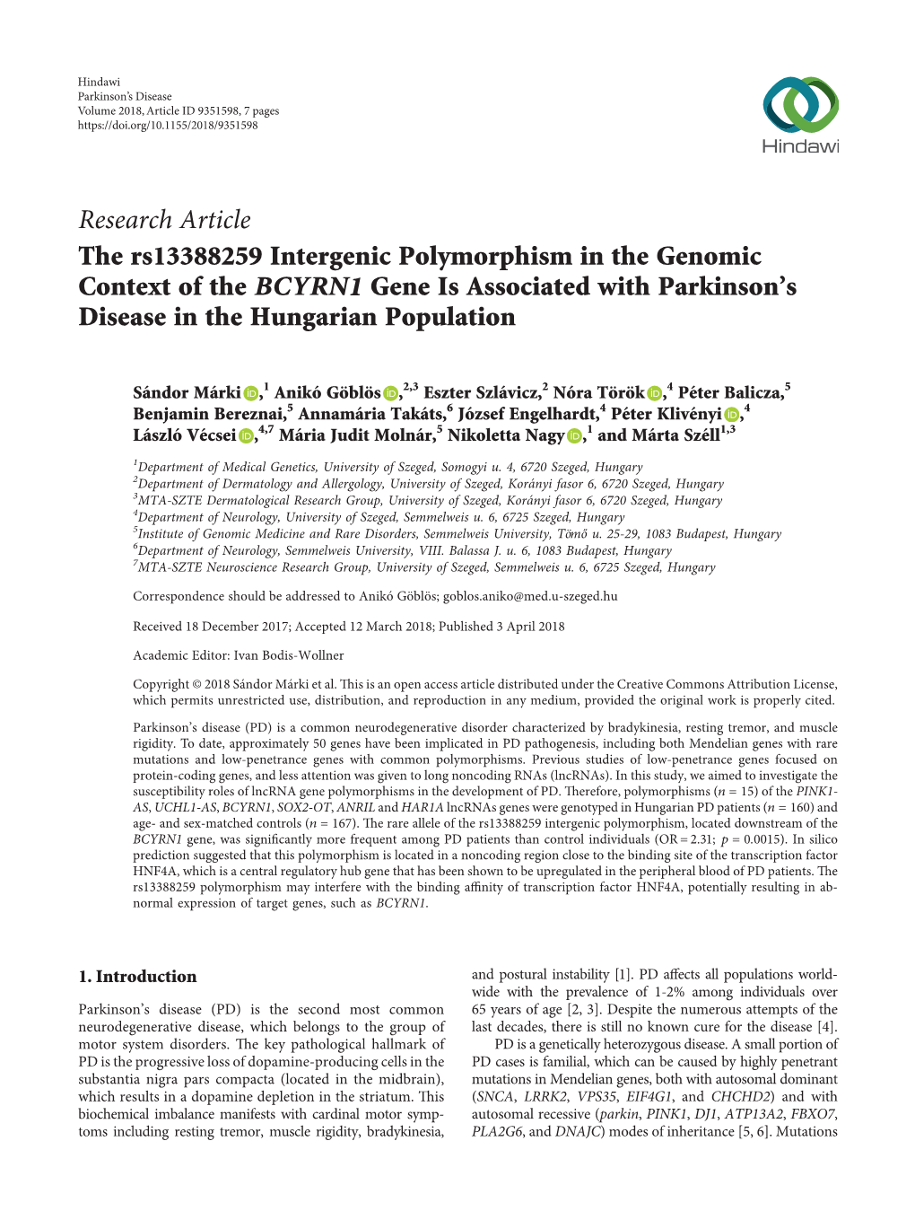 The Rs13388259 Intergenic Polymorphism in the Genomic Context of the BCYRN1 Gene Is Associated with Parkinson's Disease in the Hungarian Population