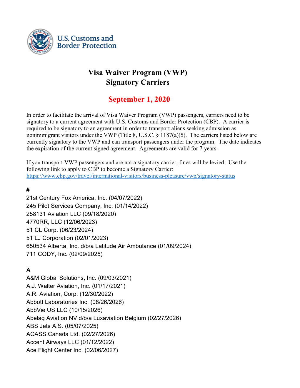 Signatory Visa Waiver Program (VWP) Carriers