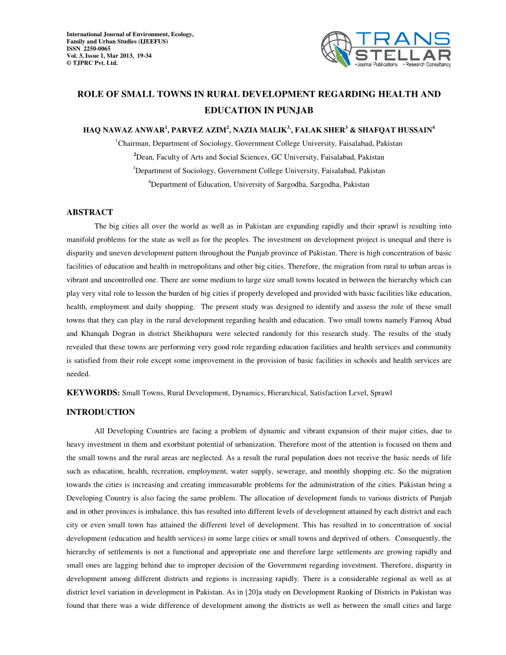 Role of Small Towns in Rural Development Regarding Health and Education in Punjab