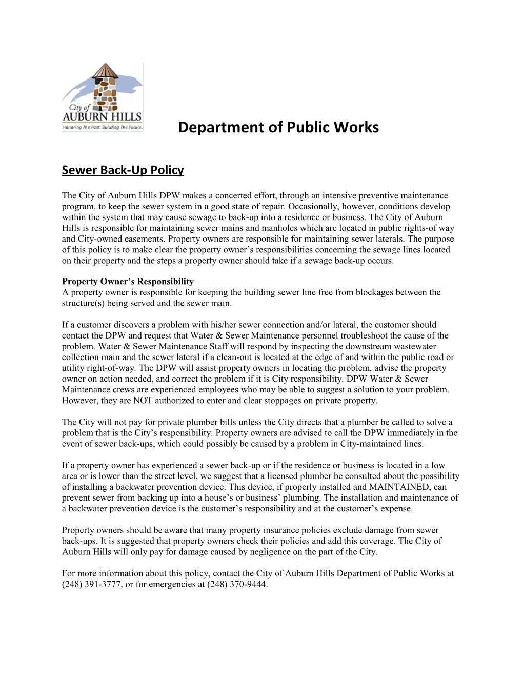 Sewer Back-Up Policy