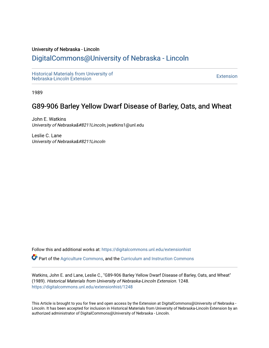 G89-906 Barley Yellow Dwarf Disease of Barley, Oats, and Wheat