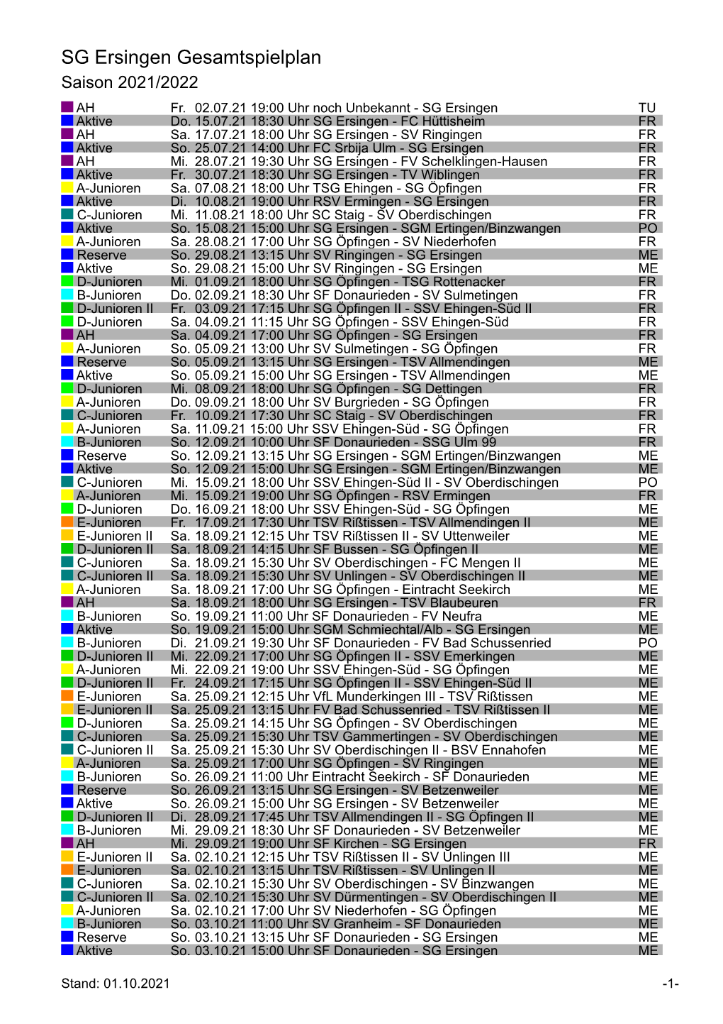 SG Ersingen Gesamtspielplan Saison 2021/2022 AH Fr