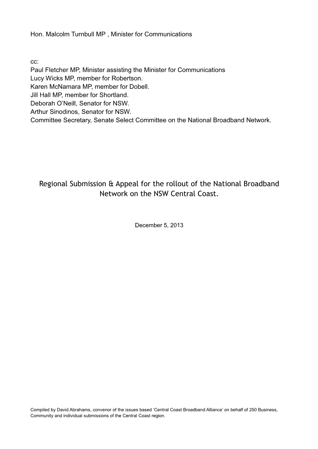 Regional Submission & Appeal for the Rollout of the National Broadband