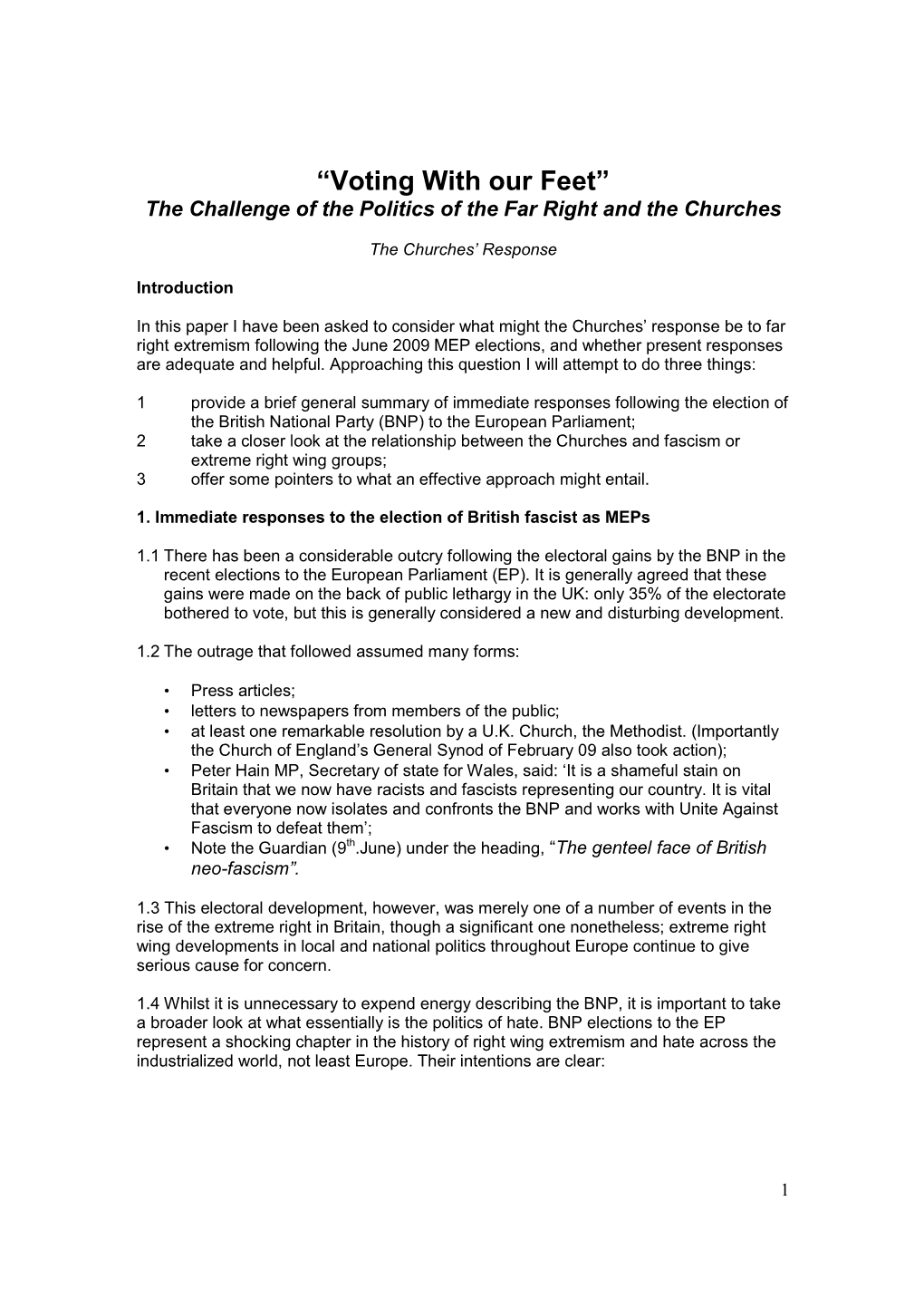 Voting with Our Feet” the Challenge of the Politics of the Far Right and the Churches