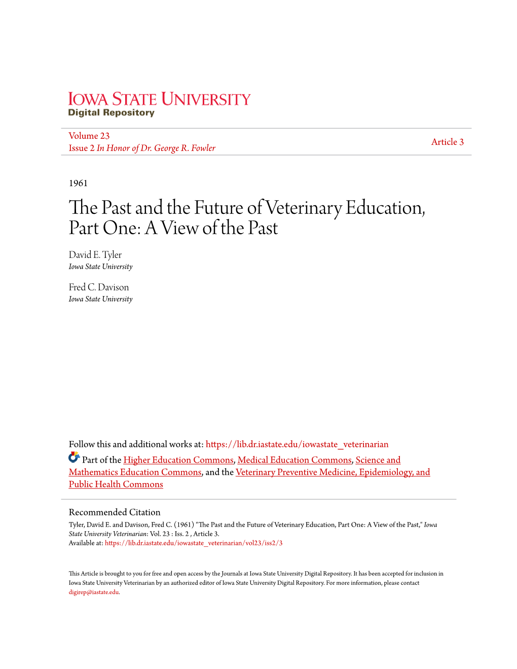 The Past and the Future of Veterinary Education, Part