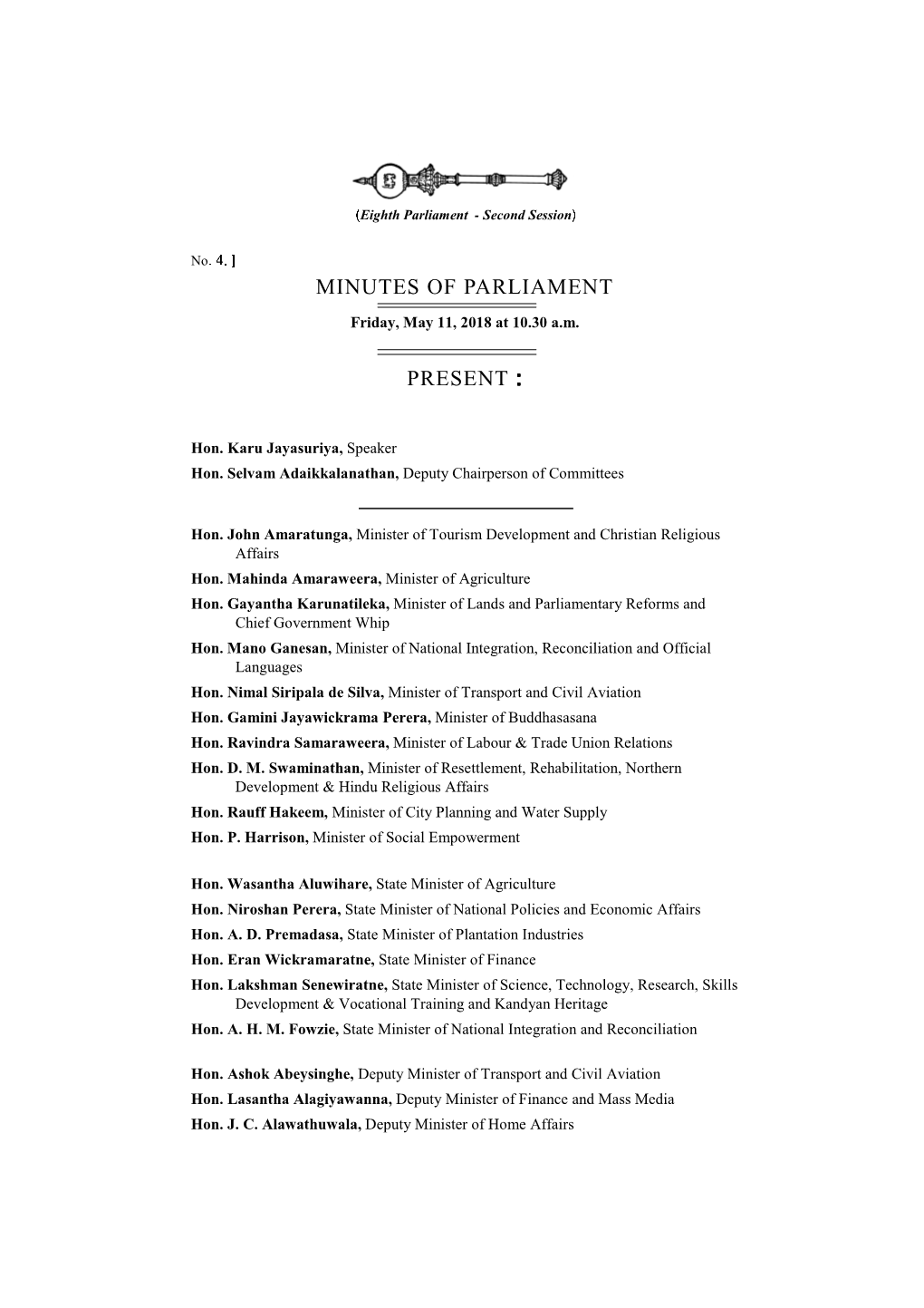 Minutes of Parliament Present