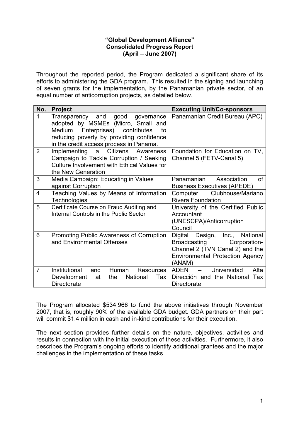 “Global Development Alliance” Consolidated Progress Report (April – June 2007)