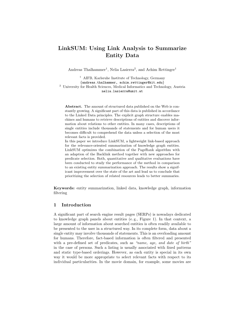 Linksum: Using Link Analysis to Summarize Entity Data