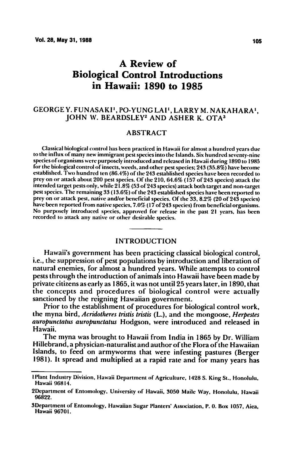 Biological Control Introductions in Hawaii: 1890 to 1985