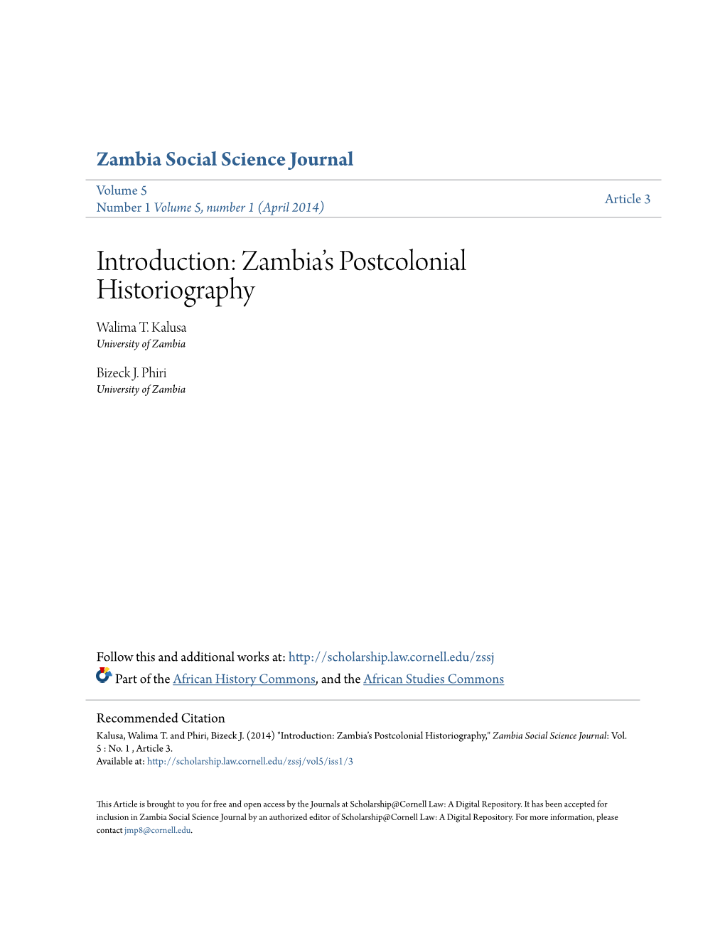 Introduction: Zambia's Postcolonial Historiography