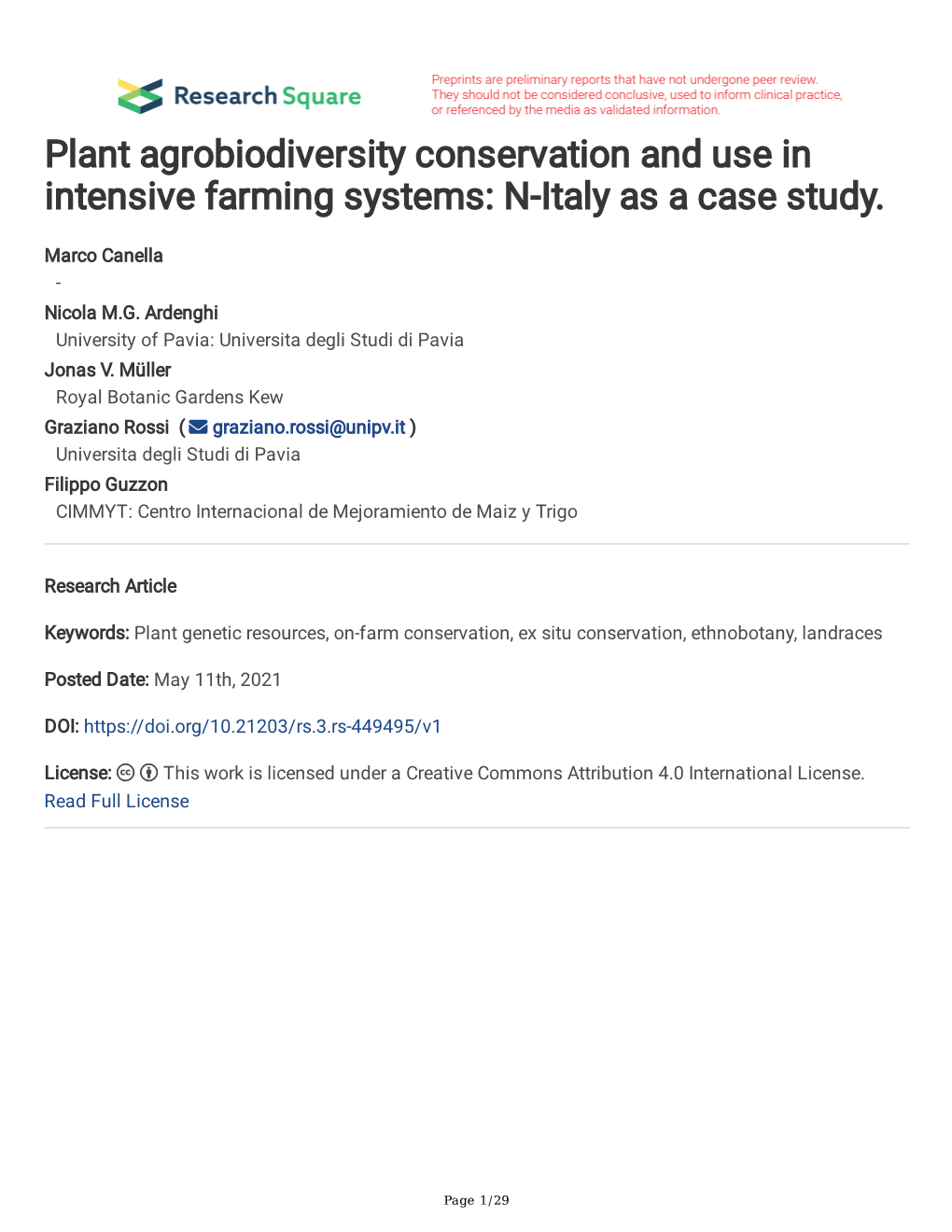 Plant Agrobiodiversity Conservation and Use in Intensive Farming Systems: N-Italy As a Case Study