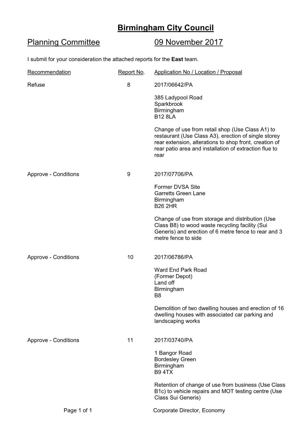 Birmingham City Council Planning Committee 09 November 2017