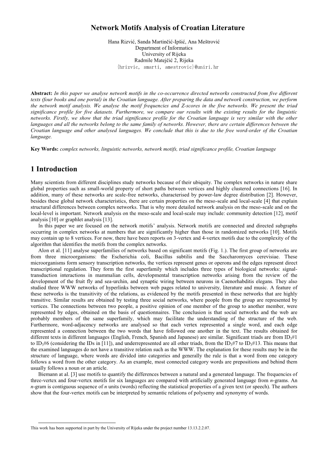 Network Motifs Analysis of Croatian Literature