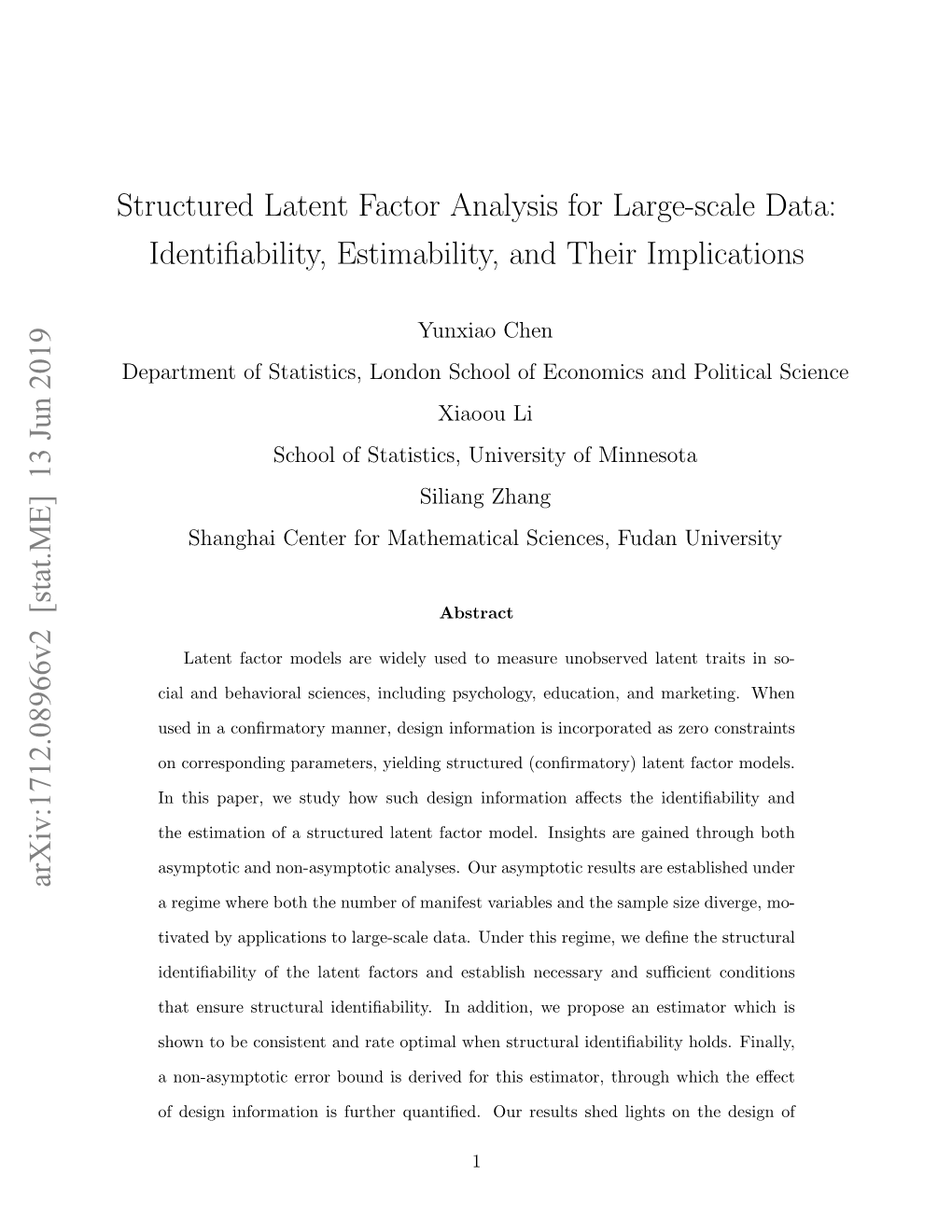 Structured Latent Factor Analysis for Large-Scale Data: Identiﬁability, Estimability, and Their Implications