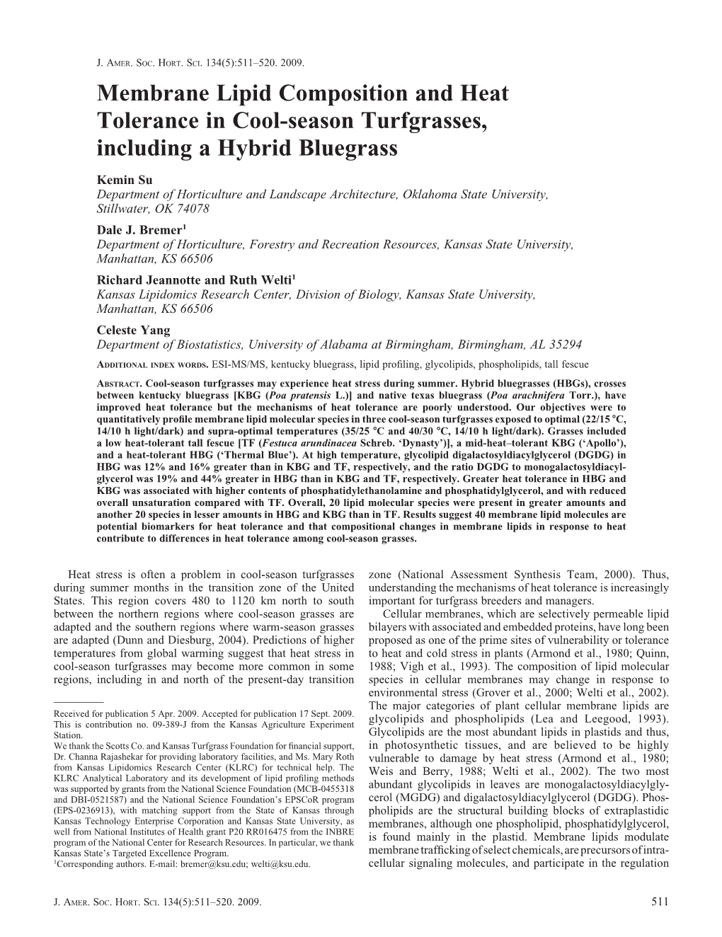 Membrane Lipid Composition and Heat Tolerance in Cool-Season Turfgrasses, Including a Hybrid Bluegrass