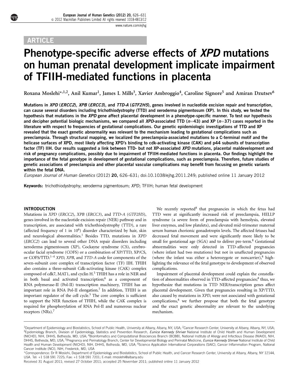 Phenotype-Specific Adverse Effects of XPD Mutations on Human Prenatal