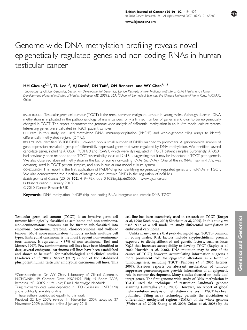 Genome-Wide DNA Methylation Profiling Reveals Novel Epigenetically Regulated Genes and Non-Coding Rnas in Human Testicular Cancer